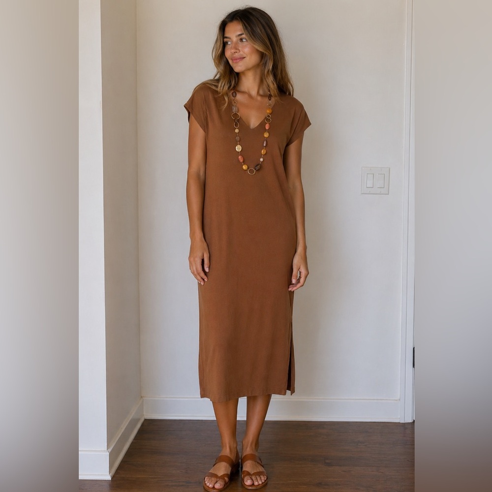 Zara Brown Midi Dress with V-Neck